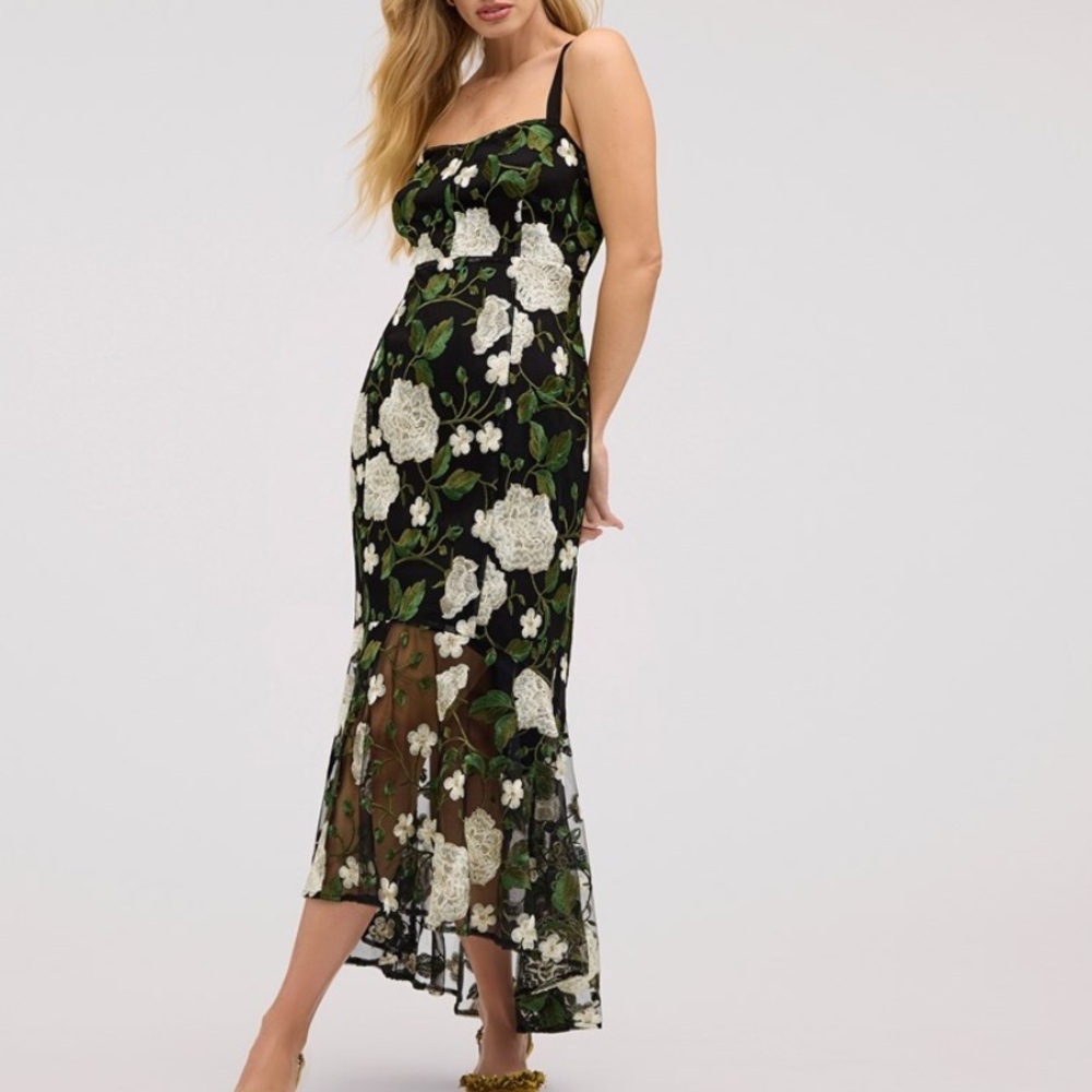 Floral Black Dress with White and Green Accents